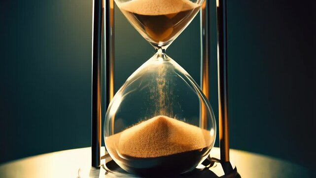 Hourglass sand flowing from upper to lower bulb showing the passage of time on neutral background