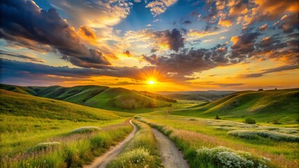Fototapeta premium Serene Sunset Over Rolling Green Hills and a Winding Country Road