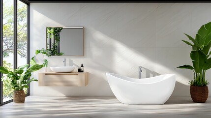 Bathroom with Tub Sink Mirror and Plant