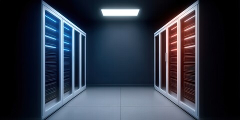 Dual technology server room illuminated by contrasting blue and red lights showcasing advanced data processing and digital infrastructure in an innovative workspace environment