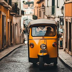 Fototapeta premium Yellow tuk tuk travels along cobblestone street between aged buildings in historic European town