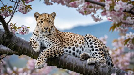 Obraz premium Serene leopard resting on a flowering tree branch in spring