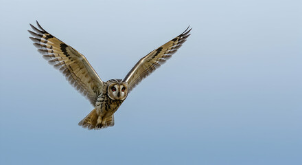 Fototapeta premium long-eared owl, owl, bird, Long-eared Owl in Flight Against a Clear Sky