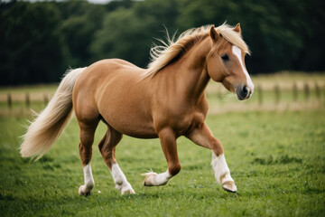 Obraz premium A brown horse is seen running across a lush green field