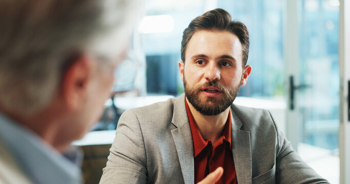 Collaboration, conversation and meeting with business men in office together for discussion or planning. Corporate, feedback and teamwork with employee people at work for professional development