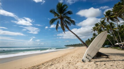Surfboard leaning against a palm tree on a beach under a blue sky