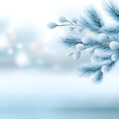Winter snowy pine Christmas tree scenery Fir branches adorned with hoar frost create a Wonderland The wintry season is approaching for the New Year Serene blurred snowflakes form a winter background