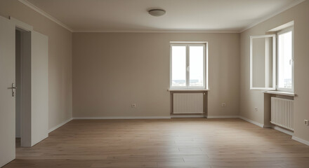 Fototapeta premium empty room, beige walls, light wood floor, Empty Room with Beige Walls and Light Wood Floor