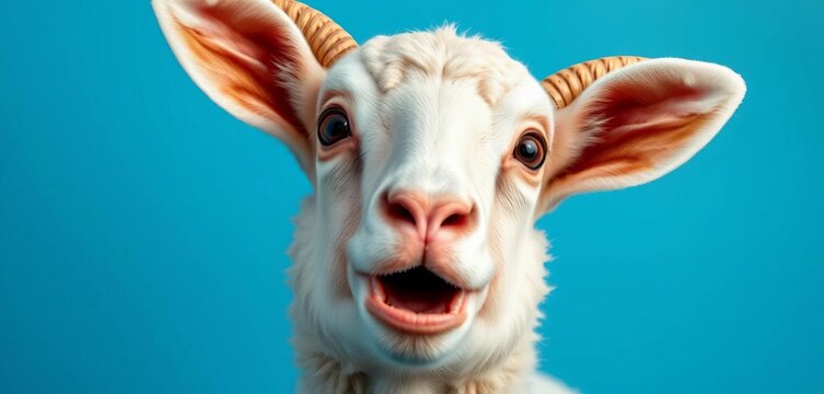 Shocked sheep portrait, wide eyes, open mouth, blue background, stunning, baaa