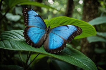A blue butterfly sits on the edge of a green leaf, showcasing its delicate wings and intricate details
