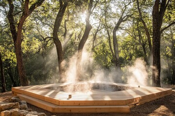 Obraz premium Wooden platform hot spring nestled within a forest.