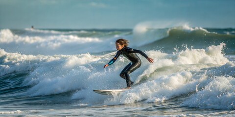 Young surfer in wetsuit riding strong waves in the ocean