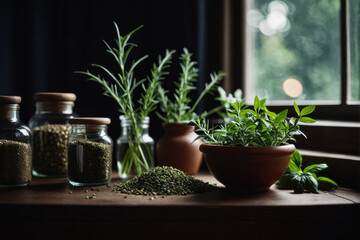 A collection of glass jars filled with fresh herbs placed on a rustic wooden table