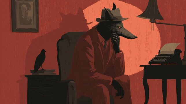 A pensive canine figure in a dimly lit room.