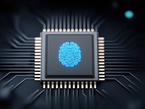 A futuristic microchip featuring a glowing blue brain symbol representing artificial intelligence and neural networks showcasing advanced technology and digital innovation in high-performance - Powered by Adobe