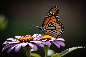 Obraz premium A butterfly sits on the petals of a vibrant purple flower, showcasing its delicate beauty