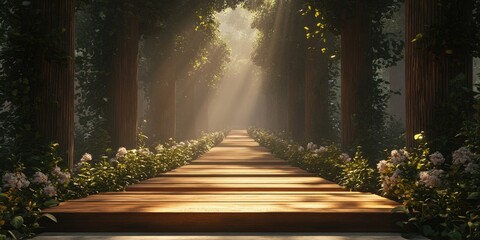 Sunlit Pathway Through a Lush Woodland Garden