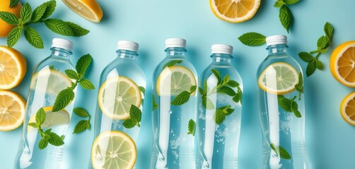 Refreshing water bottles with lemon & mint, flat lay, bottle, cold