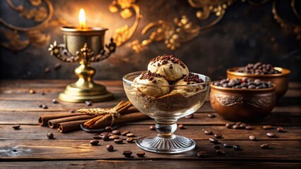 Delightful Coffee Ice Cream Dessert with Cinnamon and Roasted Beans in Elegant Glass Bowl