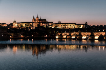 View of Prague castle and charles bridge at night