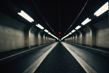 A dark tunnel with a red traffic light at the end, suitable for use in scenes depicting uncertainty, transition or warning