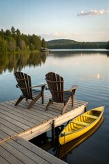 Naklejka premium Two Chairs on Wooden Dock with Yellow Canoe on Calm Lake at Sunset 