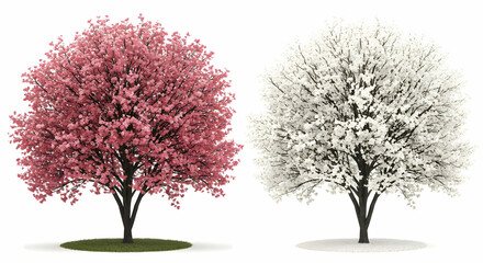 Fototapeta premium pink tree, white tree, flowering tree, Pink and White Flowering Trees, Isolated on White Background