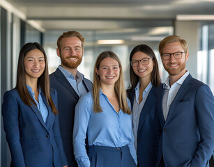 Fototapeta premium A dynamic group works together, reflecting harmony, expertise, and professionalism in a sophisticated workplace.