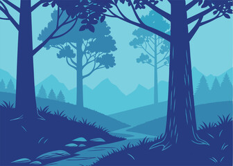 Naklejka premium Peaceful Blue Forest Landscape Silhouette