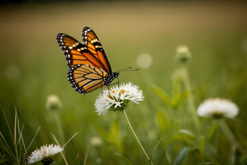 Obraz premium A butterfly perches on the petals of a white flower, with delicate details and natural surroundings