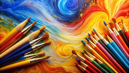 Vibrant Hues and Artistic Tools A Colorful Display of Paintbrushes and Colored Pencils on an Abstract Canvas