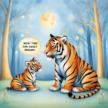 Whimsical tiger cubs sharing a magical moonlit forest dreamscape