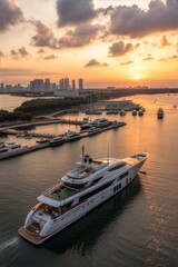 Fototapeta premium Aerial view of luxury yacht at sunset in marina bay