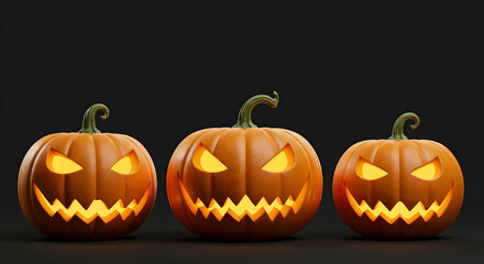halloween,  pumpkins,  jack-o'-lantern, Three Glowing Jack-o'-lanterns on Black Background
