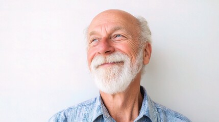 Obraz premium Joyful Senior Man Smiling Softly in Button-Up Shirt Against White Background