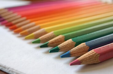 Fototapeta premium Closeup of Colorful Pencils Arranged in a Rainbow Spectrum on White Paper