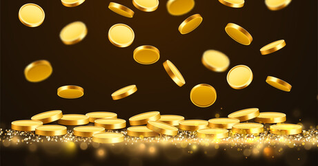 Falling coins, falling money, flying gold coins, golden rain. Jackpot or success concept. Modern background.