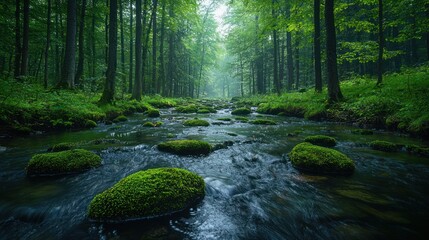 Fototapeta premium Misty forest stream, mossy rocks