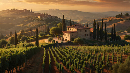 A stunning romantic scene of a Tuscan vineyard at golden hour with soft sunlight and dreamy countryside elements. Ideal for wall art, travel promotions, or nature-themed decor.