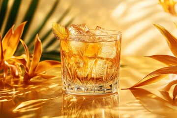 Golden drink in a crystal glass with ice cubes.