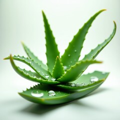 Closeup of a fresh green aloe vera leaf with droplets on its surface