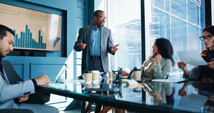 Meeting, speaker and business people in office for financial planning, budget review and investment. Presentation, corporate team and men with women for finance report, strategy and discussion