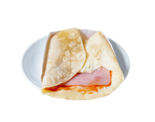 Burrito with  ham cheese wrapped tightly on white background.
