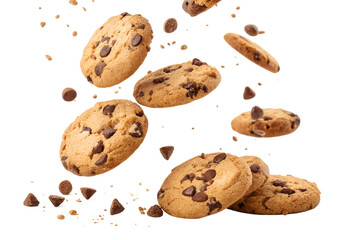chocolate chip cookies falling isolated on white or transparent png