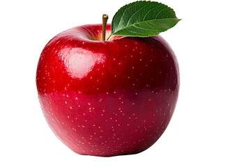 A red apple with a small leaf attached, the skin gleaming in the light, isolated on a transparent background, PNG file.
