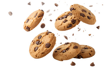chocolate chip cookies falling isolated on white or transparent png