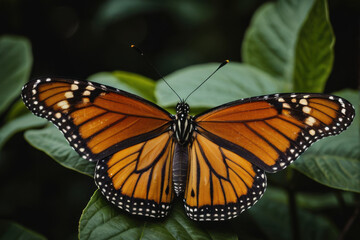 Fototapeta premium A close-up shot of an orange butterfly perched on the edge of a lush green leaf