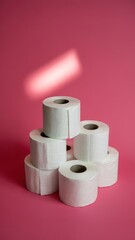White toilet paper rolls stacked neatly on pink background with light