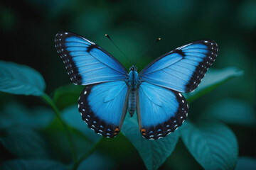 Obraz premium A blue butterfly perched on the edge of a bright green leaf, perfect for nature and outdoor themed designs