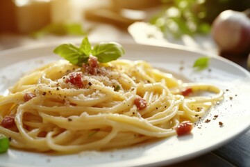 Delicious Spaghetti Carbonara with Parmesan Cheese and Basil